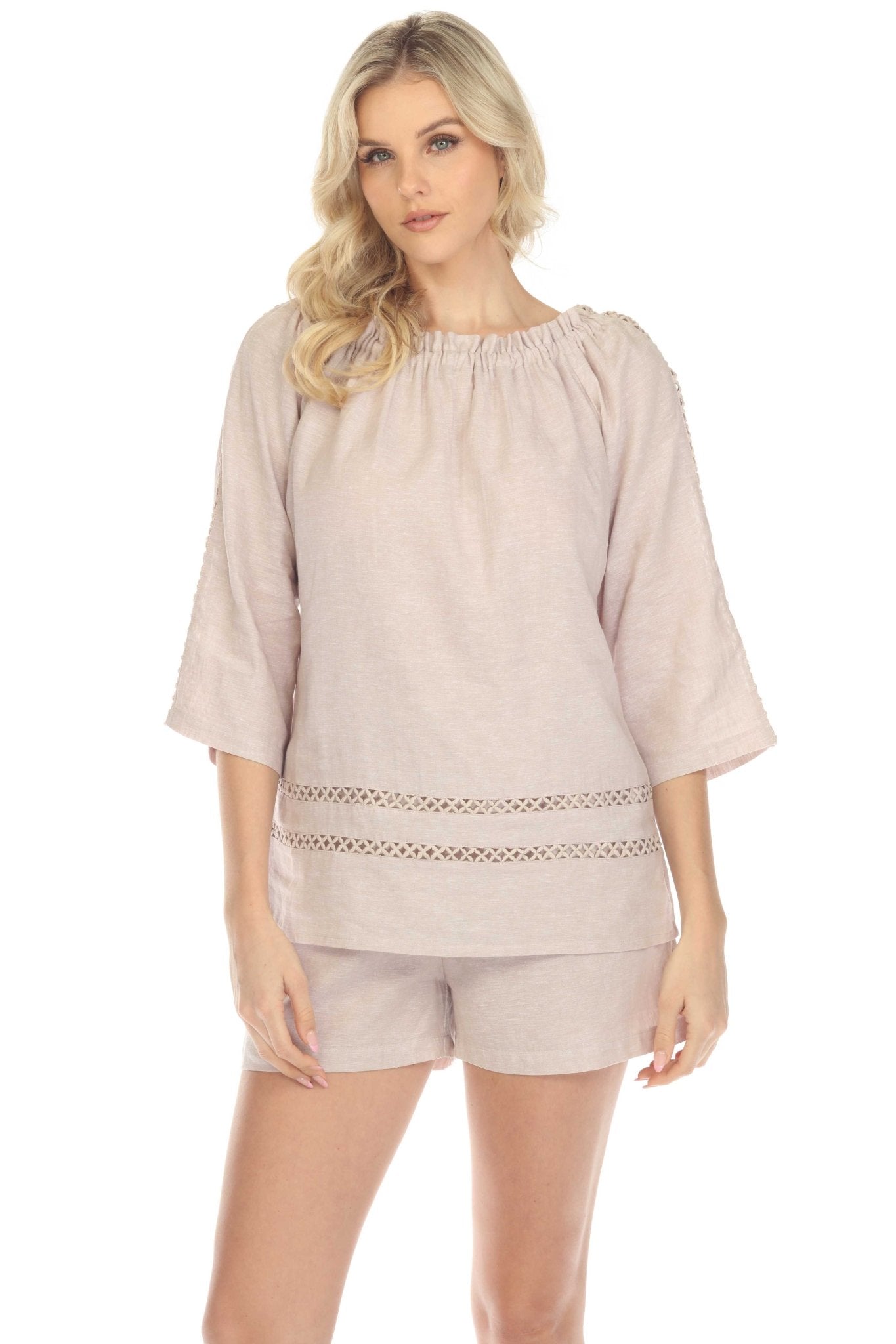 Túnica informal de lino con hombros descubiertos y mangas largas para mujer, estilo resort