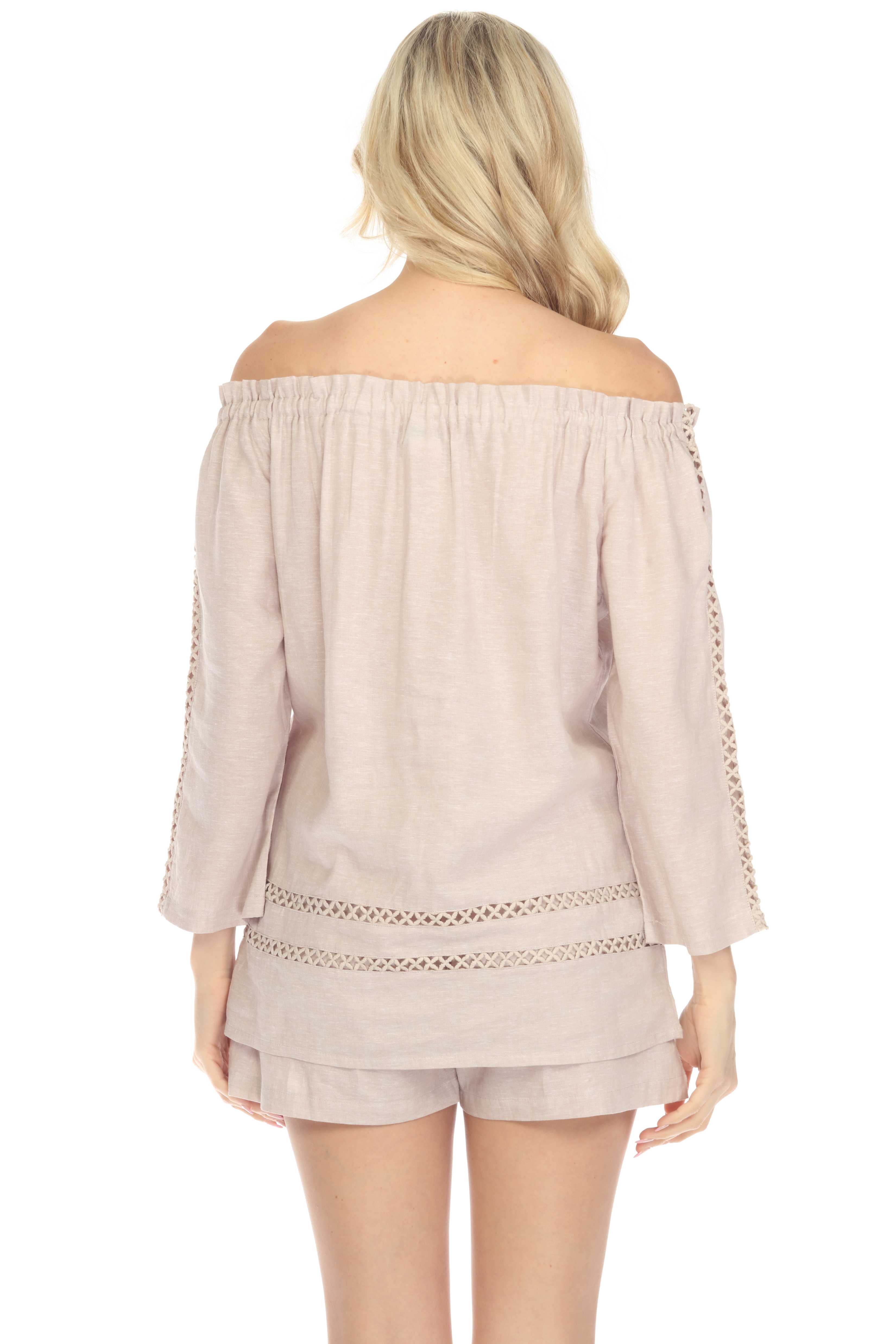 Túnica informal de lino con hombros descubiertos y mangas largas para mujer, estilo resort