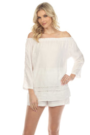 Túnica informal de lino con hombros descubiertos y mangas largas para mujer, estilo resort
