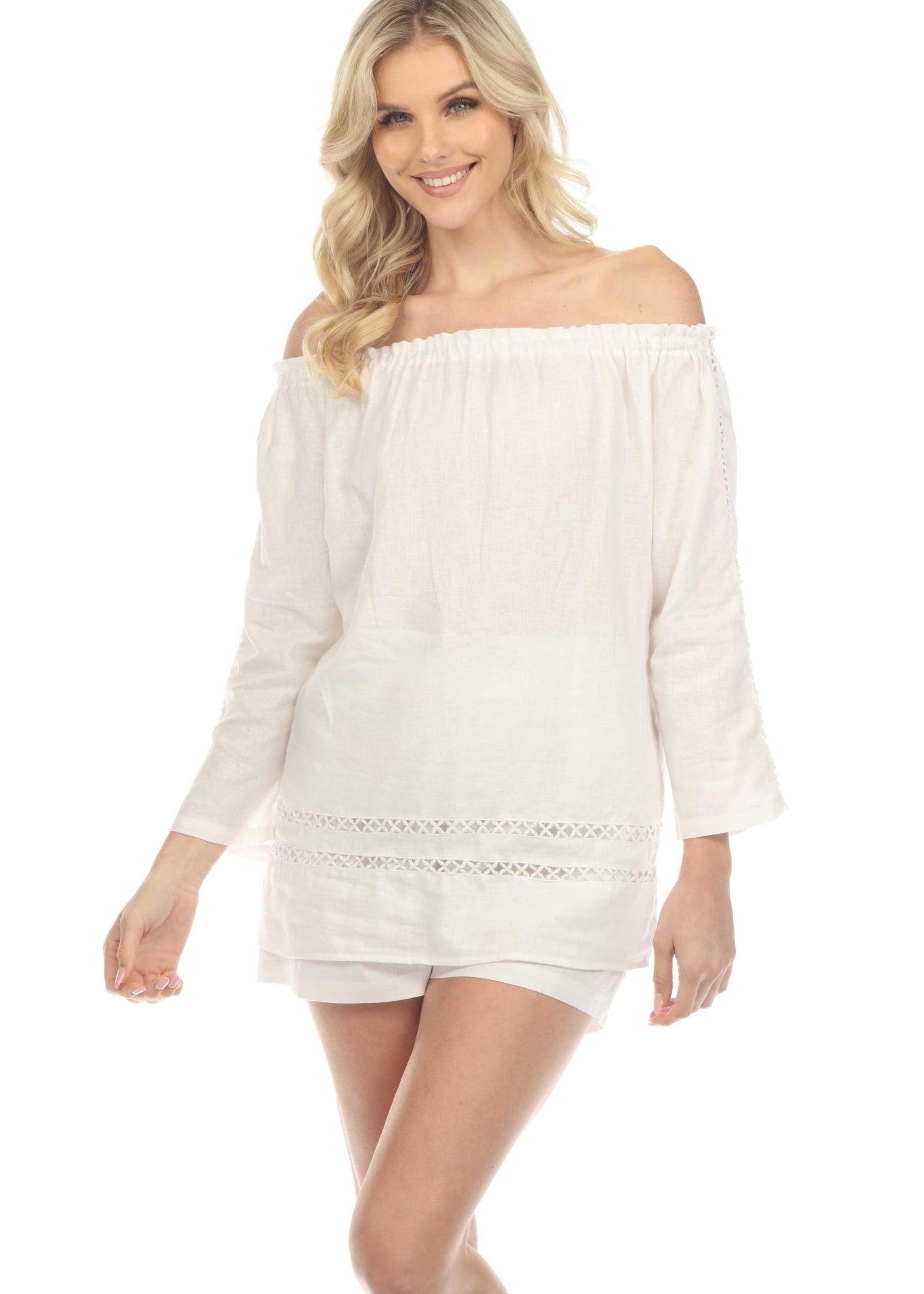 Women's Casual Resort Wear Off-Shoulder Cut Out Trim Long Sleeve Linen Blend Tunic Top