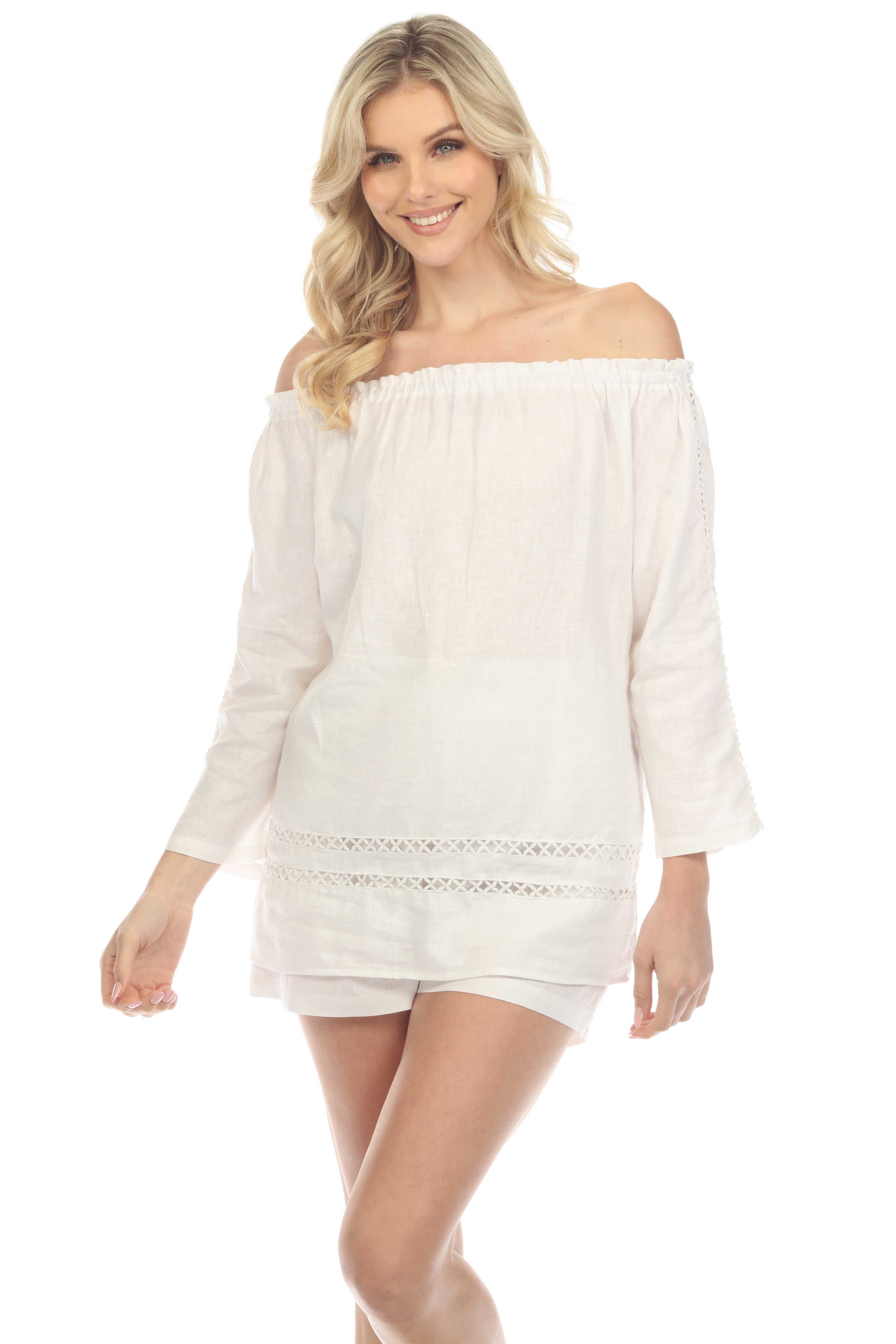 Túnica informal de lino con hombros descubiertos y mangas largas para mujer, estilo resort
