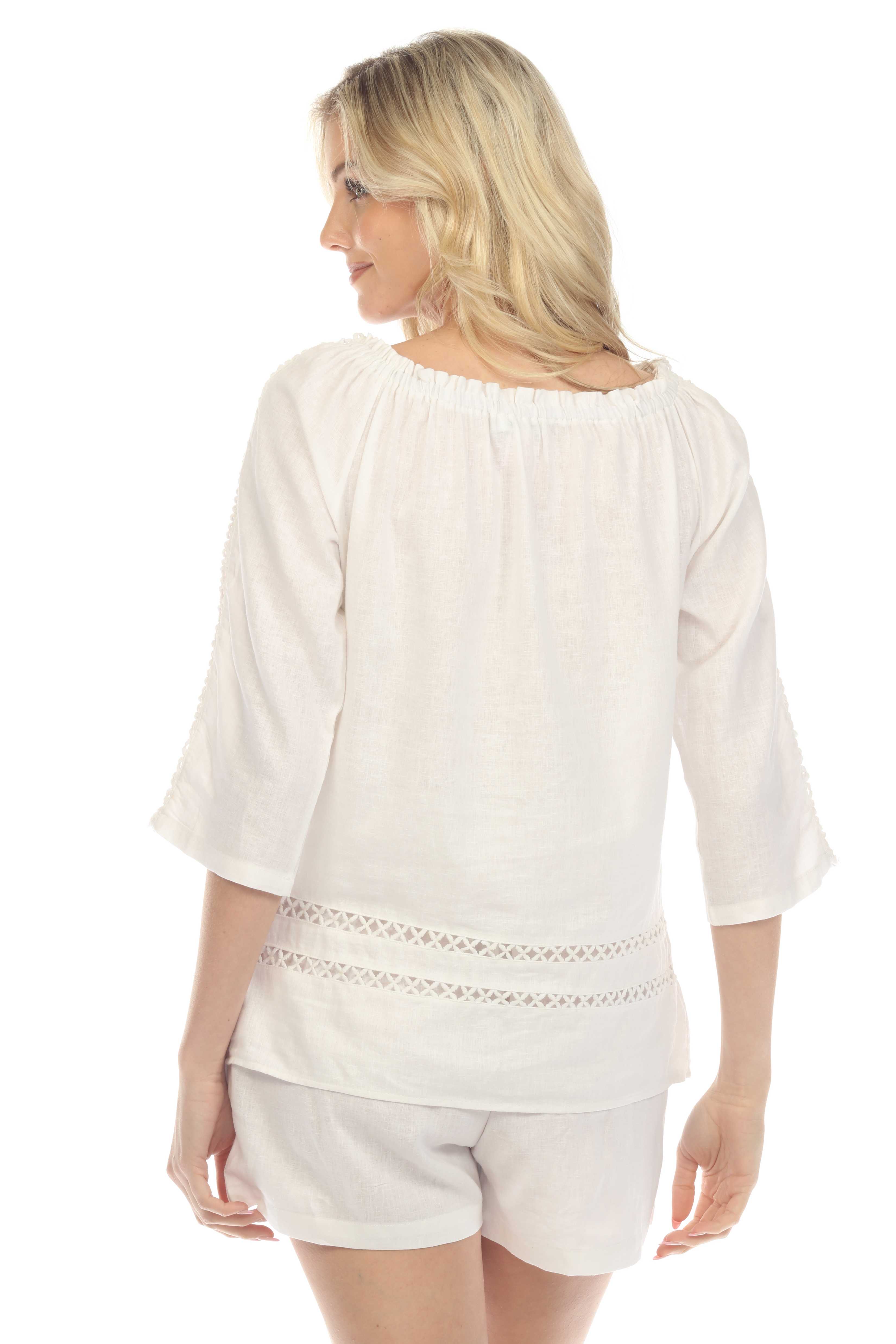 Túnica informal de lino con hombros descubiertos y mangas largas para mujer, estilo resort