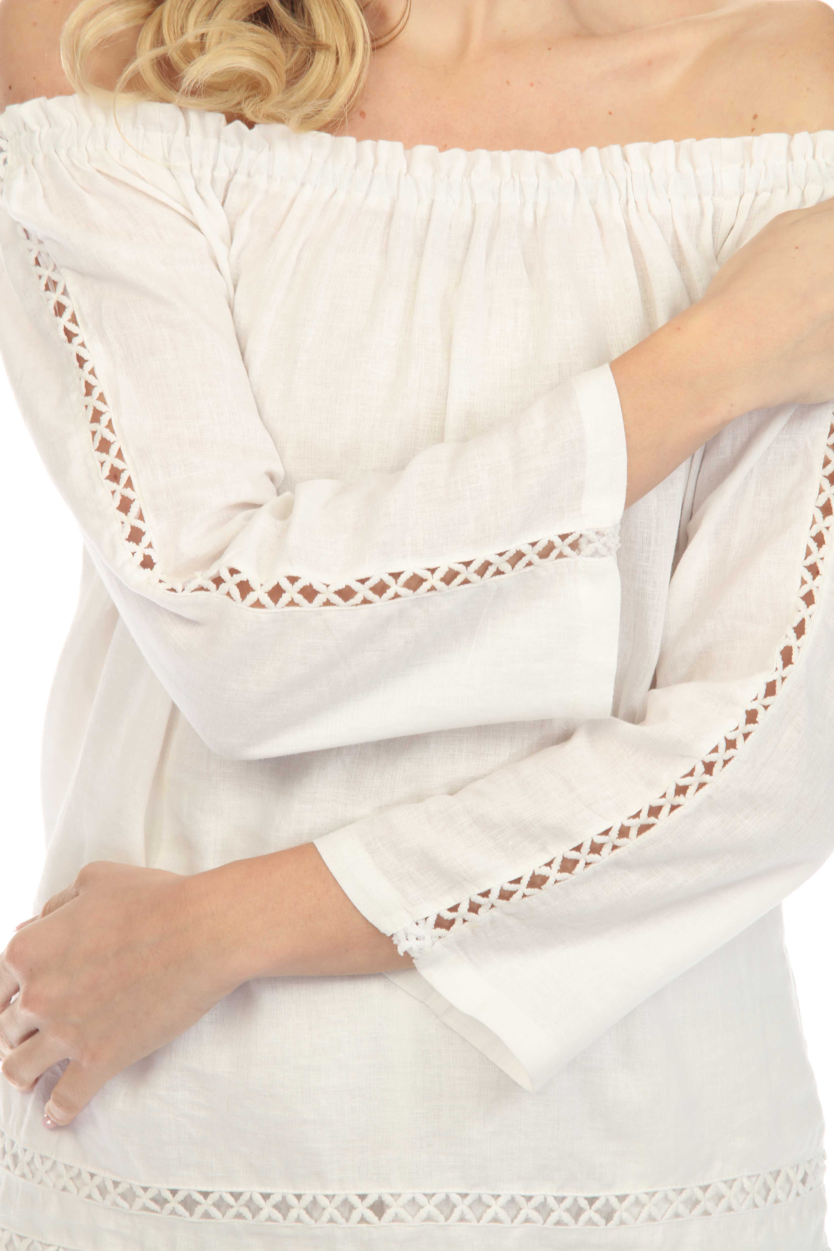 Túnica informal de lino con hombros descubiertos y mangas largas para mujer, estilo resort