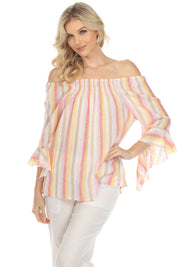Blusa informal de lino con estampado de rayas y hombros descubiertos para mujer, manga 3/4 acampanada