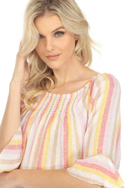 Blusa informal de lino con estampado de rayas y hombros descubiertos para mujer, manga 3/4 acampanada