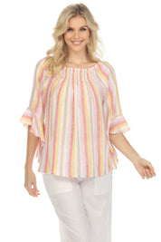 Blusa informal de lino con estampado de rayas y hombros descubiertos para mujer, manga 3/4 acampanada