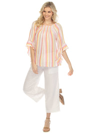 Blusa informal de lino con estampado de rayas y hombros descubiertos para mujer, manga 3/4 acampanada