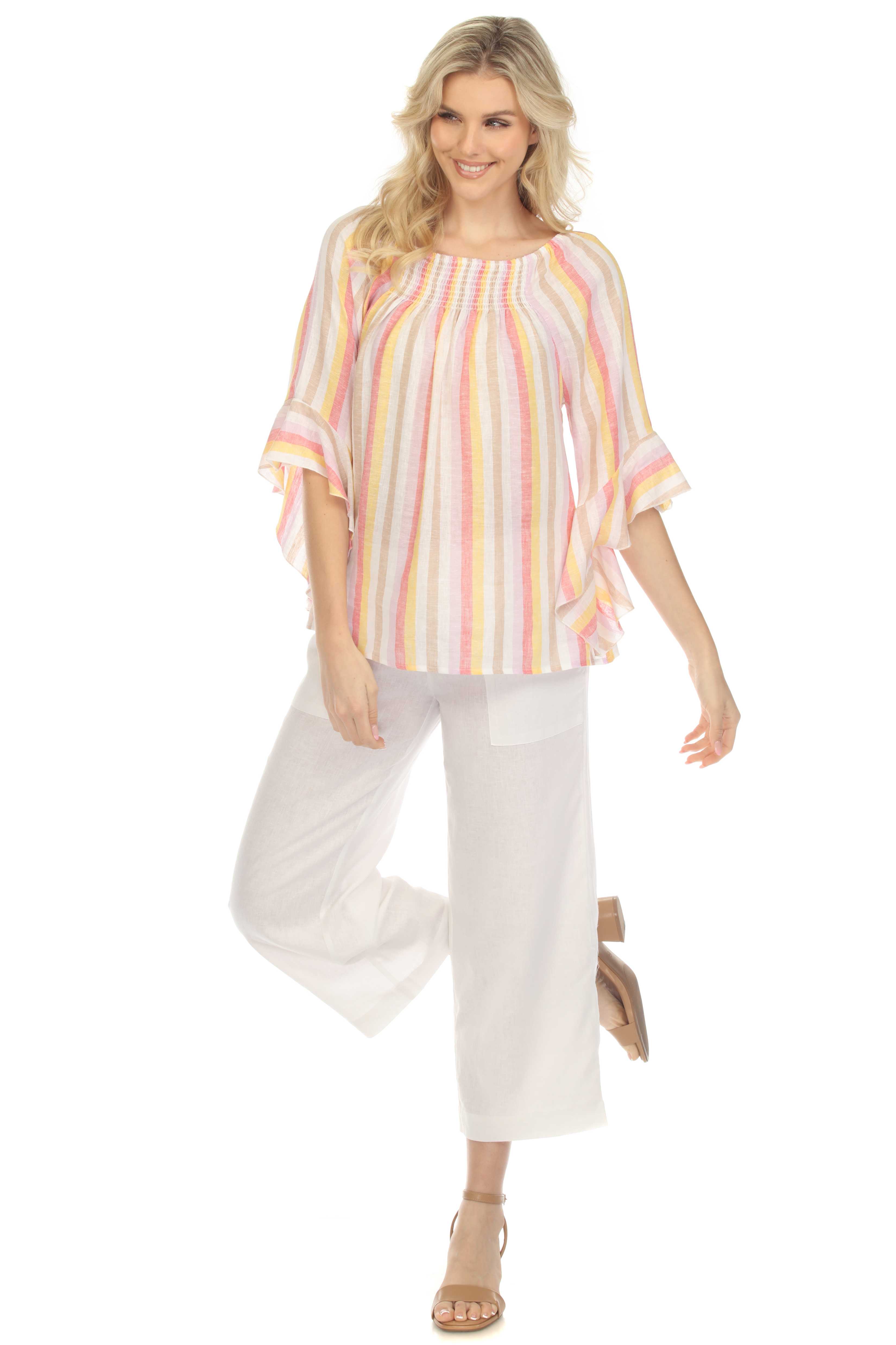Blusa informal de lino con estampado de rayas y hombros descubiertos para mujer, manga 3/4 acampanada