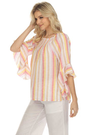 Blusa informal de lino con estampado de rayas y hombros descubiertos para mujer, manga 3/4 acampanada