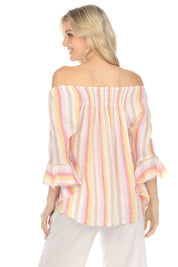 Blusa informal de lino con estampado de rayas y hombros descubiertos para mujer, manga 3/4 acampanada