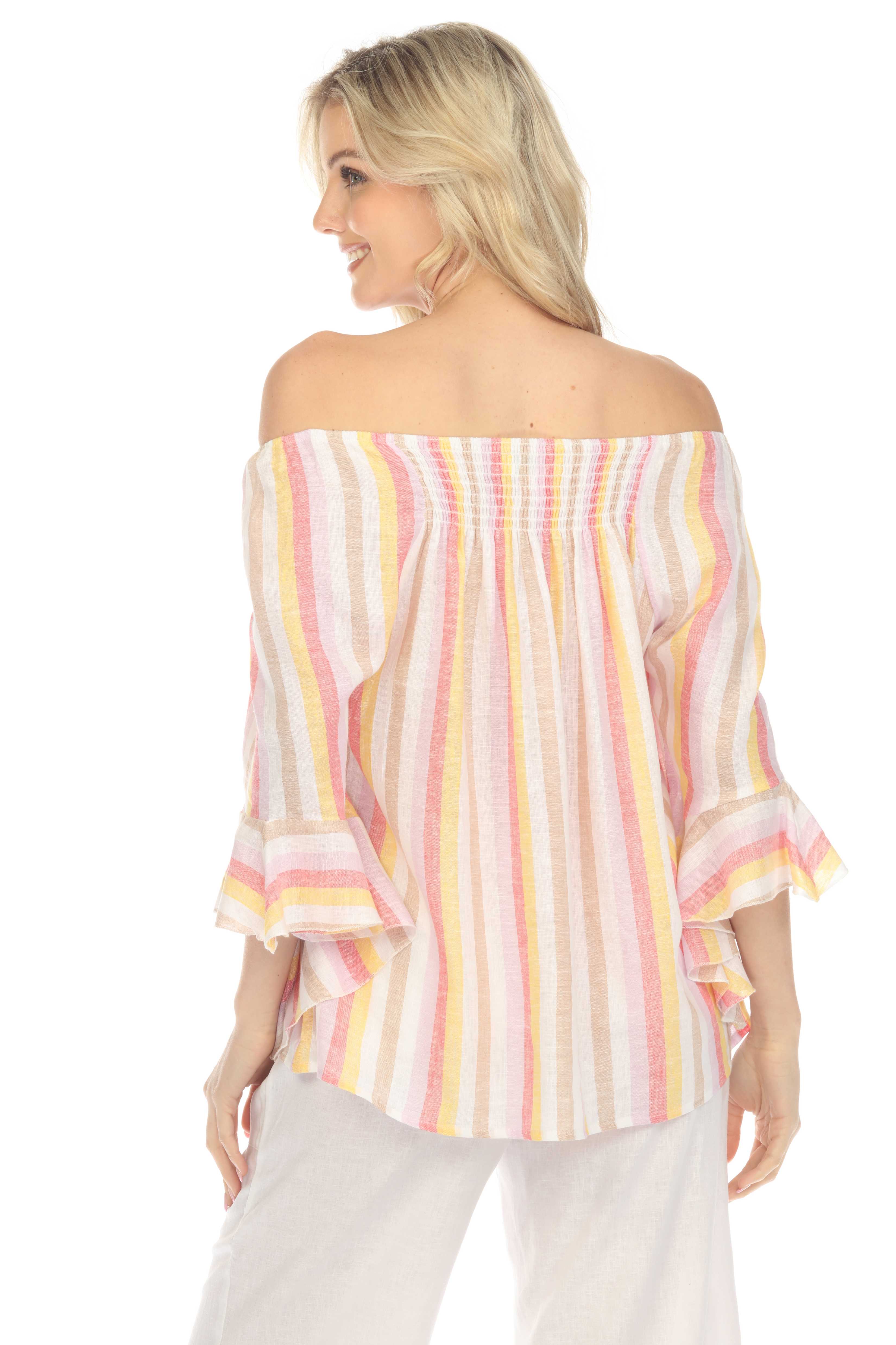 Blusa informal de lino con estampado de rayas y hombros descubiertos para mujer, manga 3/4 acampanada