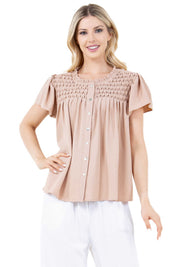 Blusa informal de verano para mujer con diseño fruncido, mangas abullonadas, cuello redondo y botones