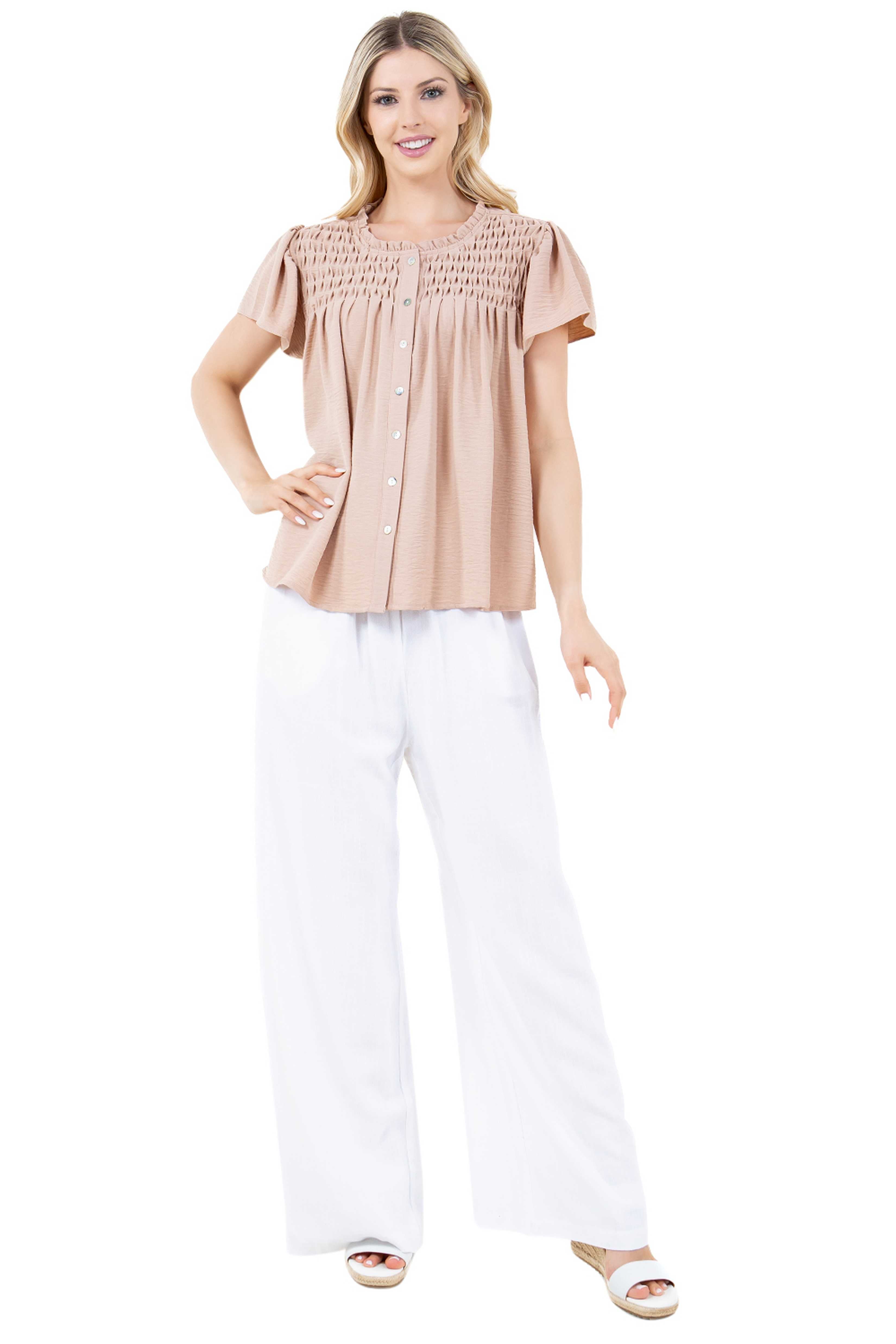 Blusa informal de verano para mujer con diseño fruncido, mangas abullonadas, cuello redondo y botones