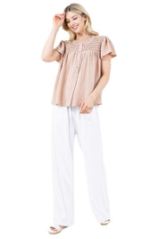 Blusa informal de verano para mujer con diseño fruncido, mangas abullonadas, cuello redondo y botones