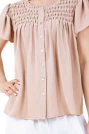 Blusa informal de verano para mujer con diseño fruncido, mangas abullonadas, cuello redondo y botones
