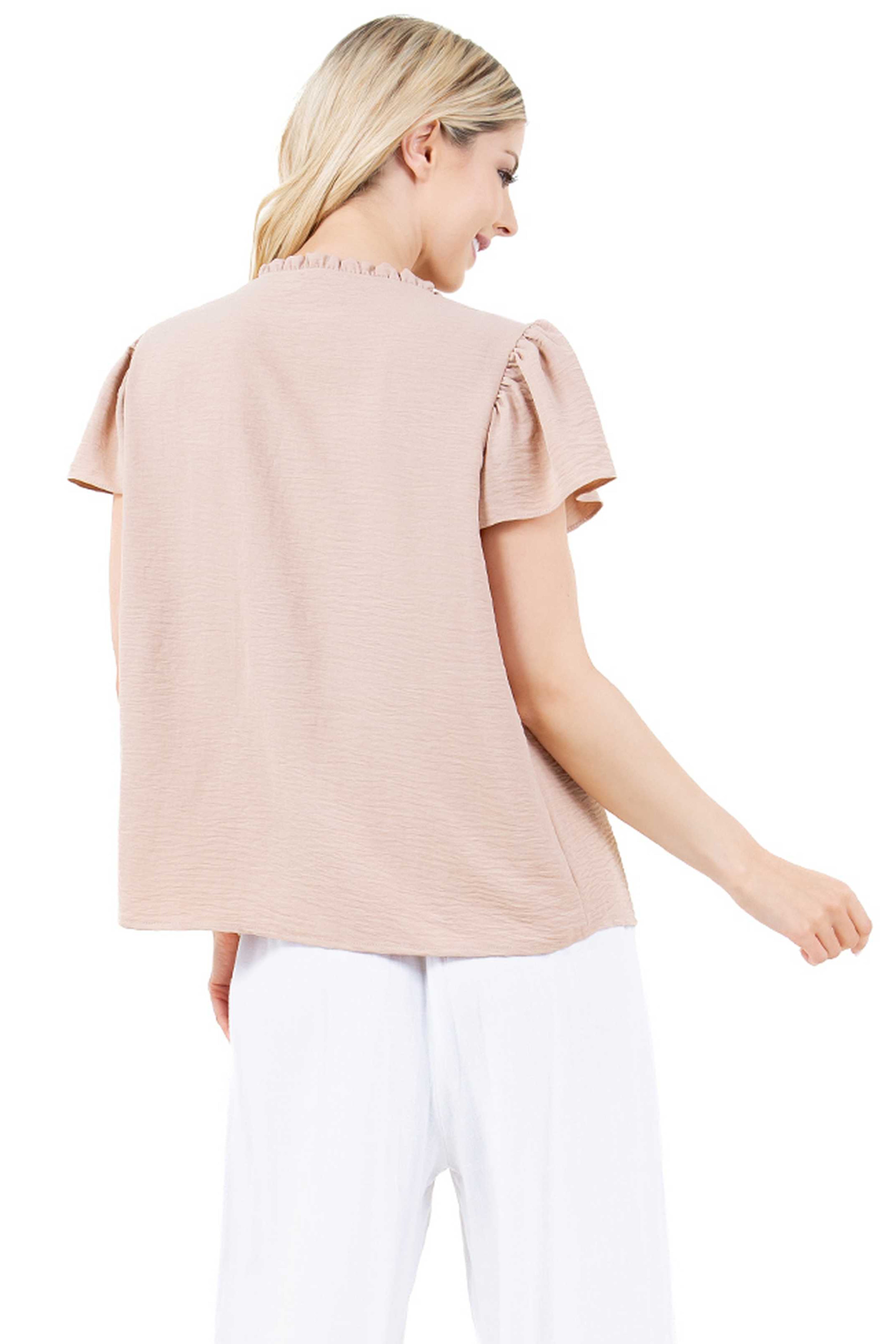 Blusa informal de verano para mujer con diseño fruncido, mangas abullonadas, cuello redondo y botones