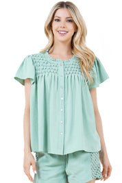 Blusa informal de verano para mujer con diseño fruncido, mangas abullonadas, cuello redondo y botones