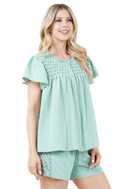 Blusa informal de verano para mujer con diseño fruncido, mangas abullonadas, cuello redondo y botones