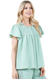 Blusa informal de verano para mujer con diseño fruncido, mangas abullonadas, cuello redondo y botones