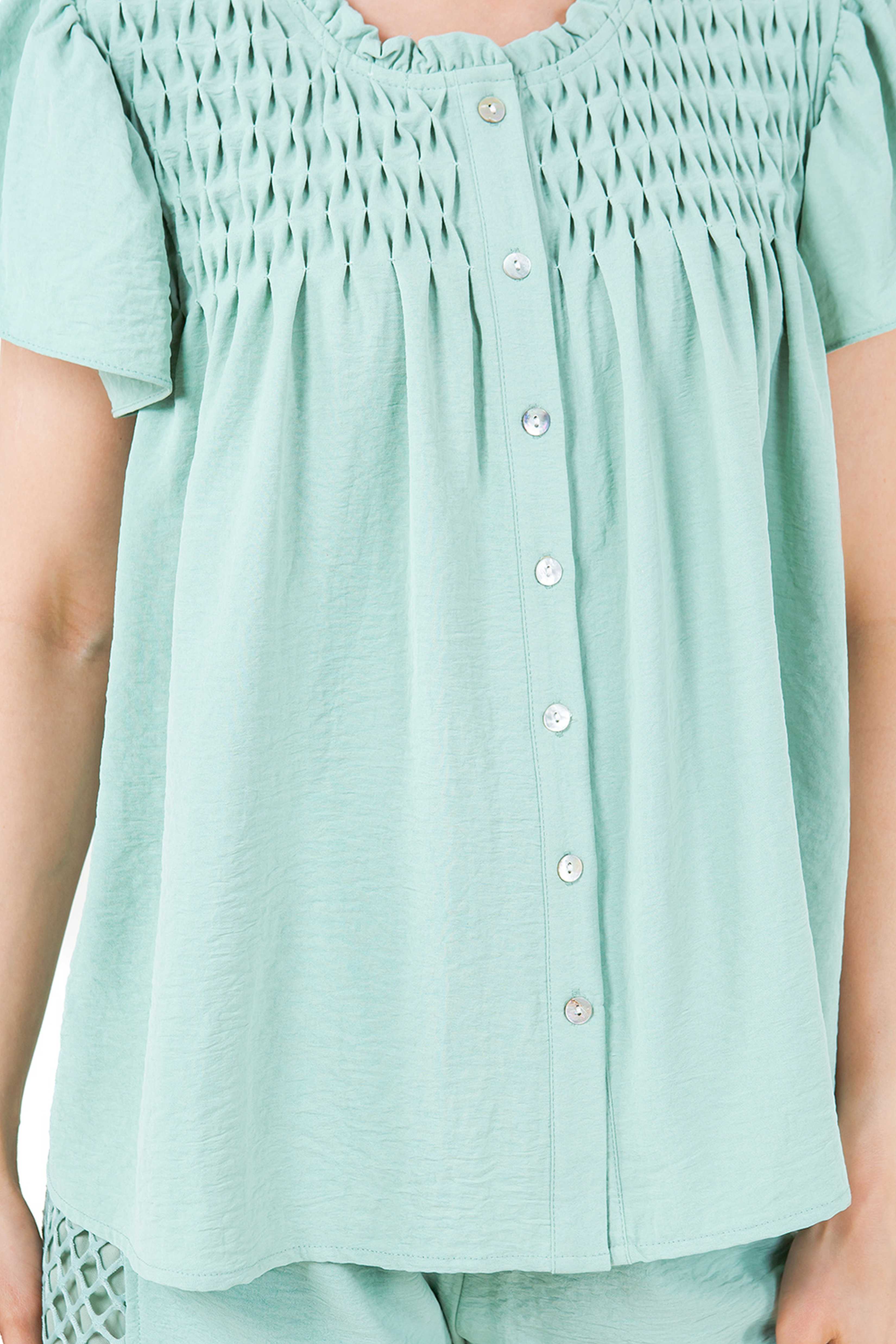 Blusa informal de verano para mujer con diseño fruncido, mangas abullonadas, cuello redondo y botones