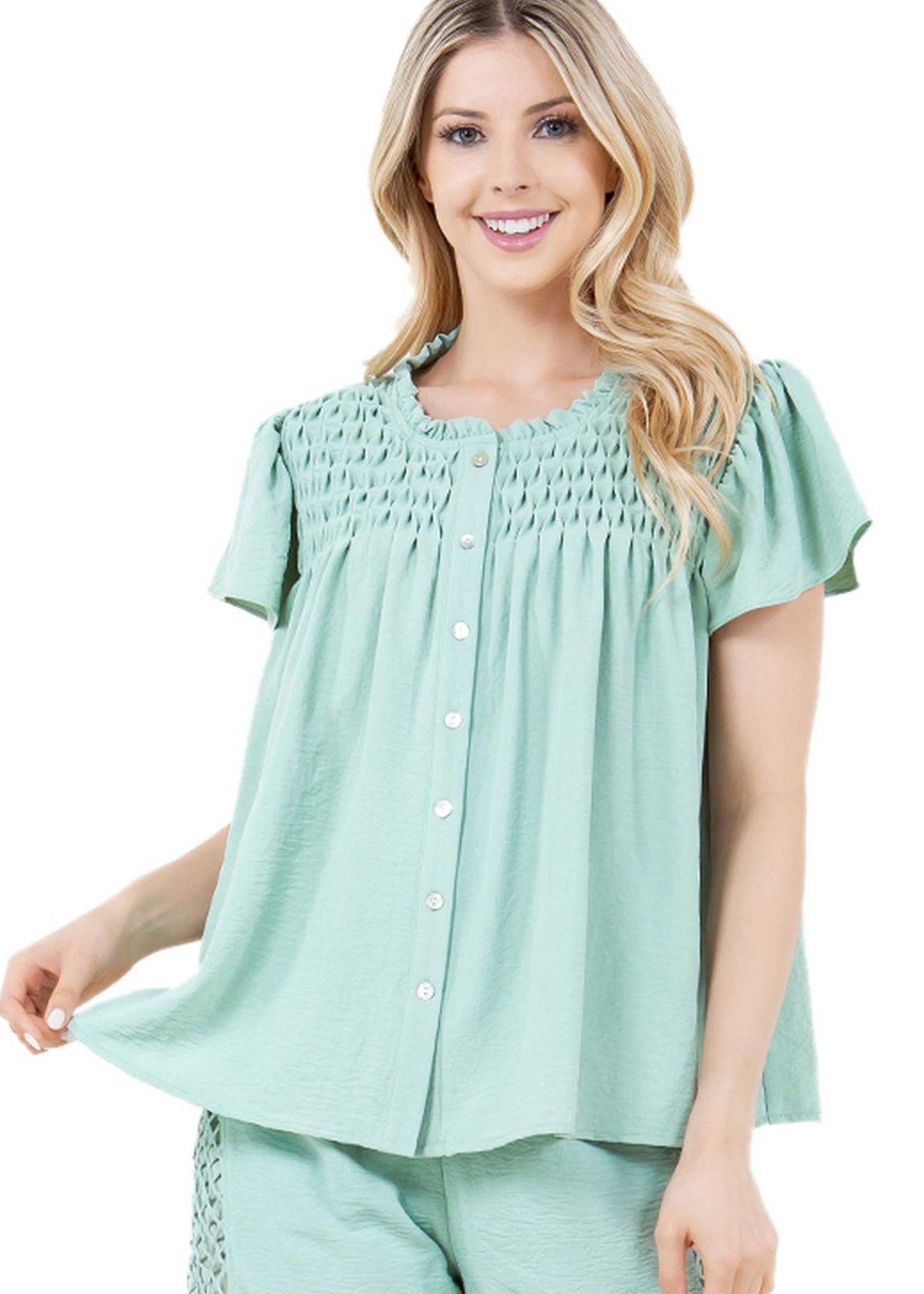 Women's Casual Resort Wear Ruched Design Flutter Sleeve Scoop Neck Button Down Blouse