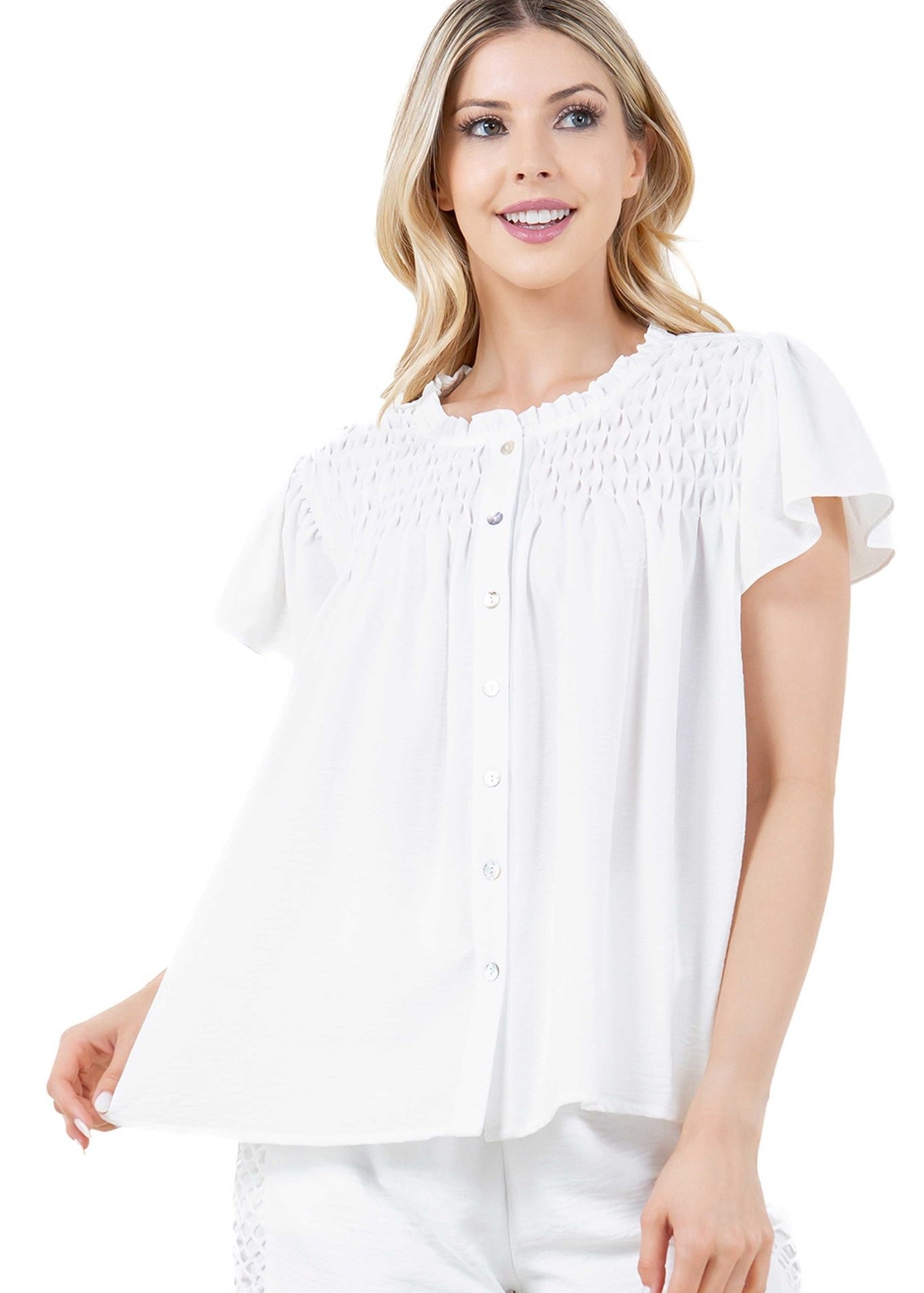 Women's Casual Resort Wear Ruched Design Flutter Sleeve Scoop Neck Button Down Blouse