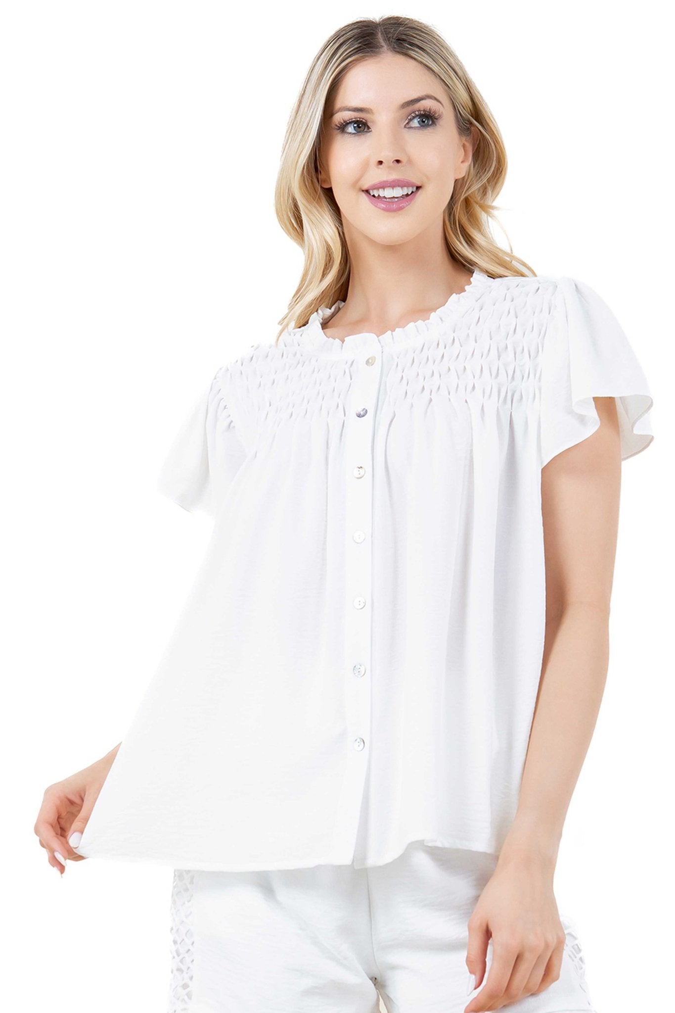 Blusa informal de verano para mujer con diseño fruncido, mangas abullonadas, cuello redondo y botones