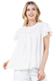 Blusa informal de verano para mujer con diseño fruncido, mangas abullonadas, cuello redondo y botones