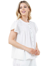 Blusa informal de verano para mujer con diseño fruncido, mangas abullonadas, cuello redondo y botones