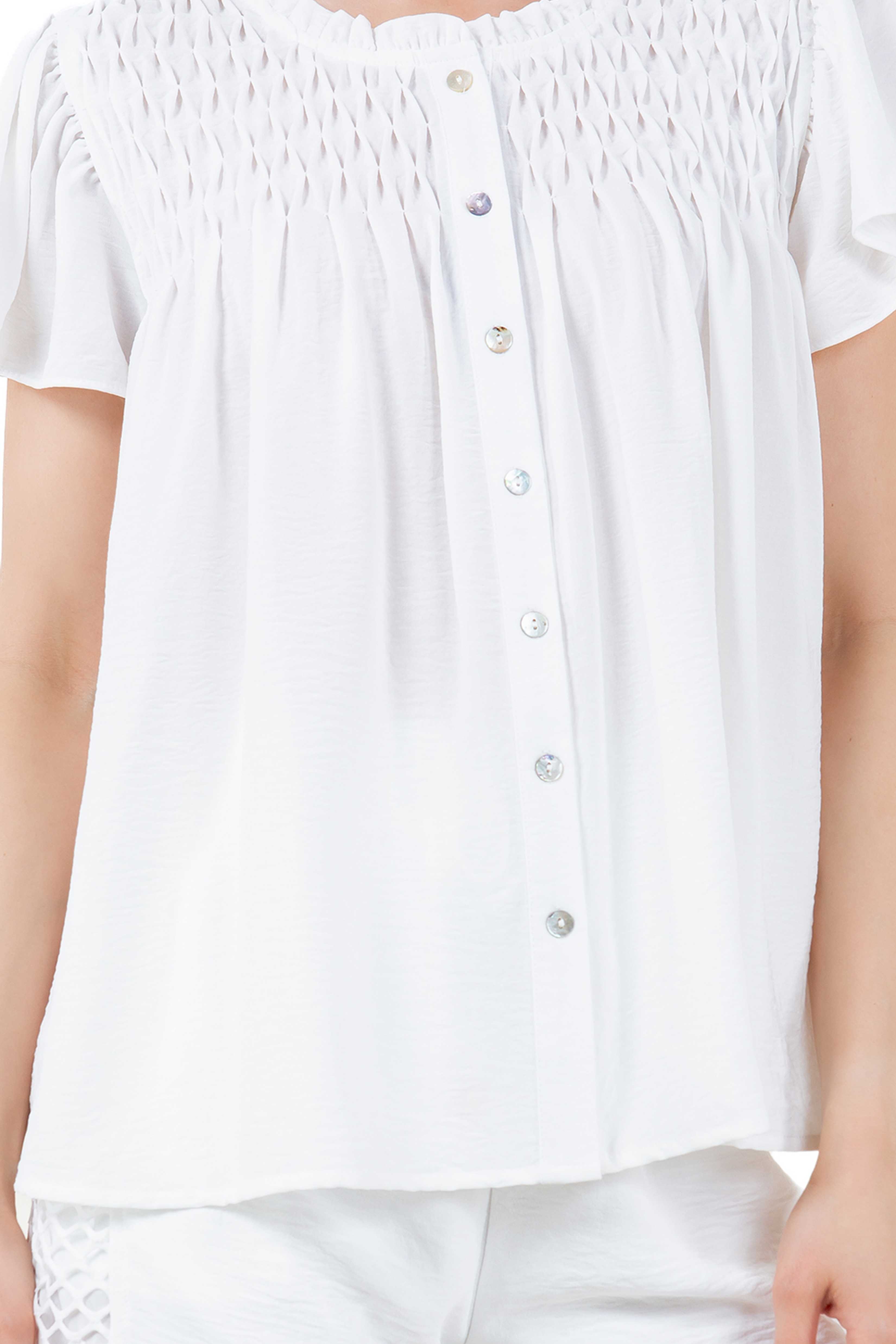 Blusa informal de verano para mujer con diseño fruncido, mangas abullonadas, cuello redondo y botones