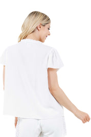 Blusa informal de verano para mujer con diseño fruncido, mangas abullonadas, cuello redondo y botones