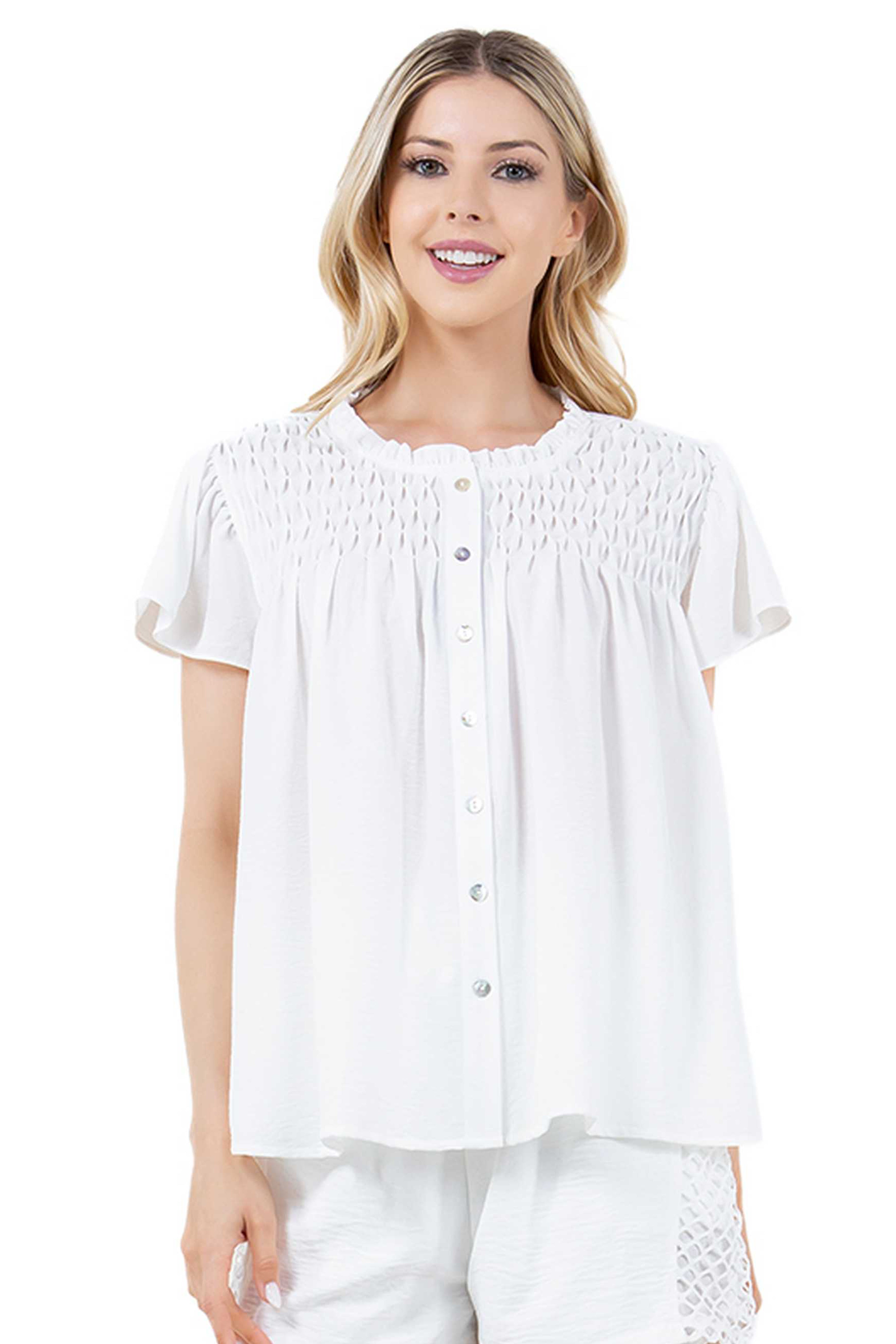 Blusa informal de verano para mujer con diseño fruncido, mangas abullonadas, cuello redondo y botones