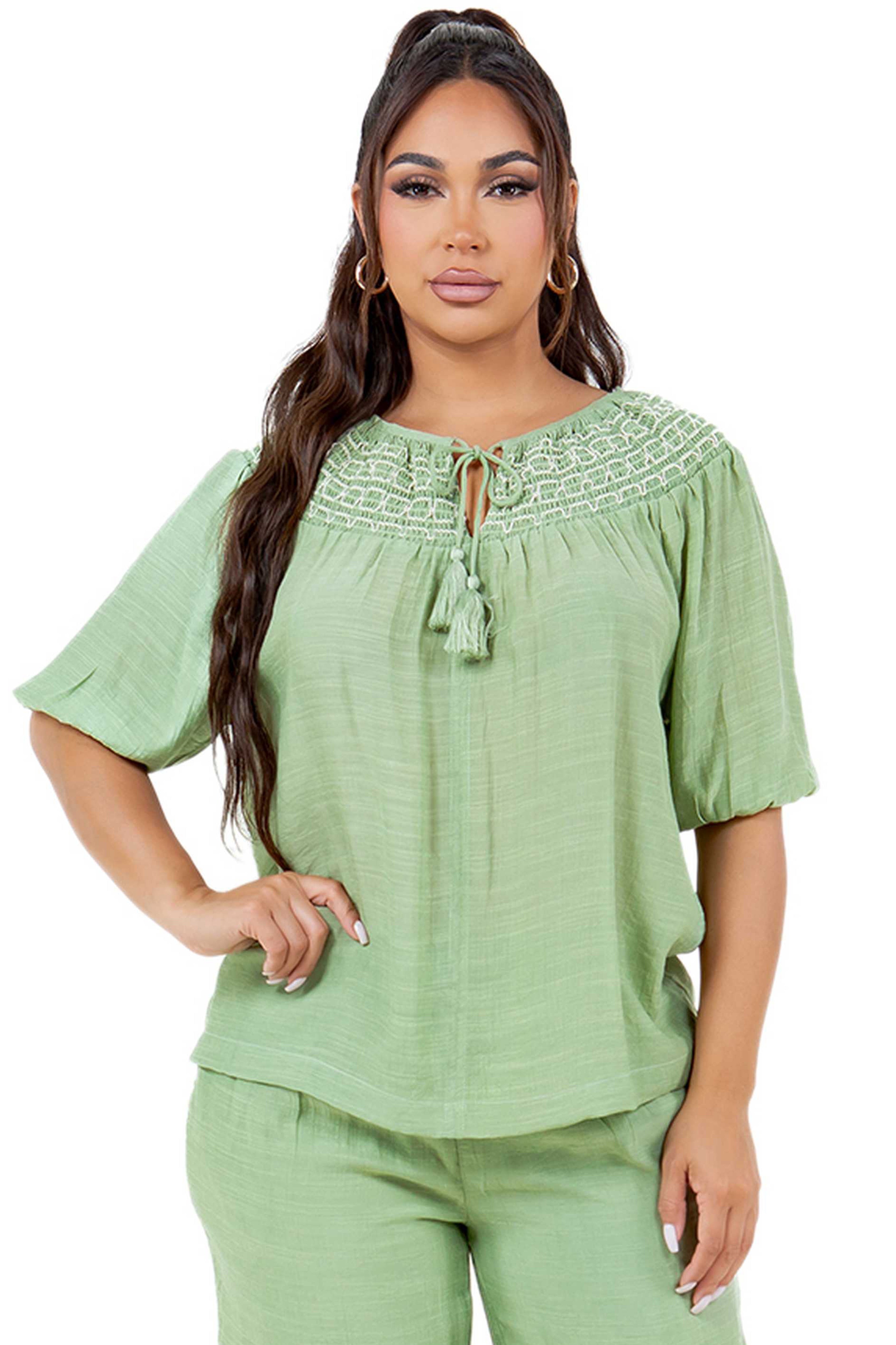 4 Sleeve Tunic Top with Tassel Drawstrings