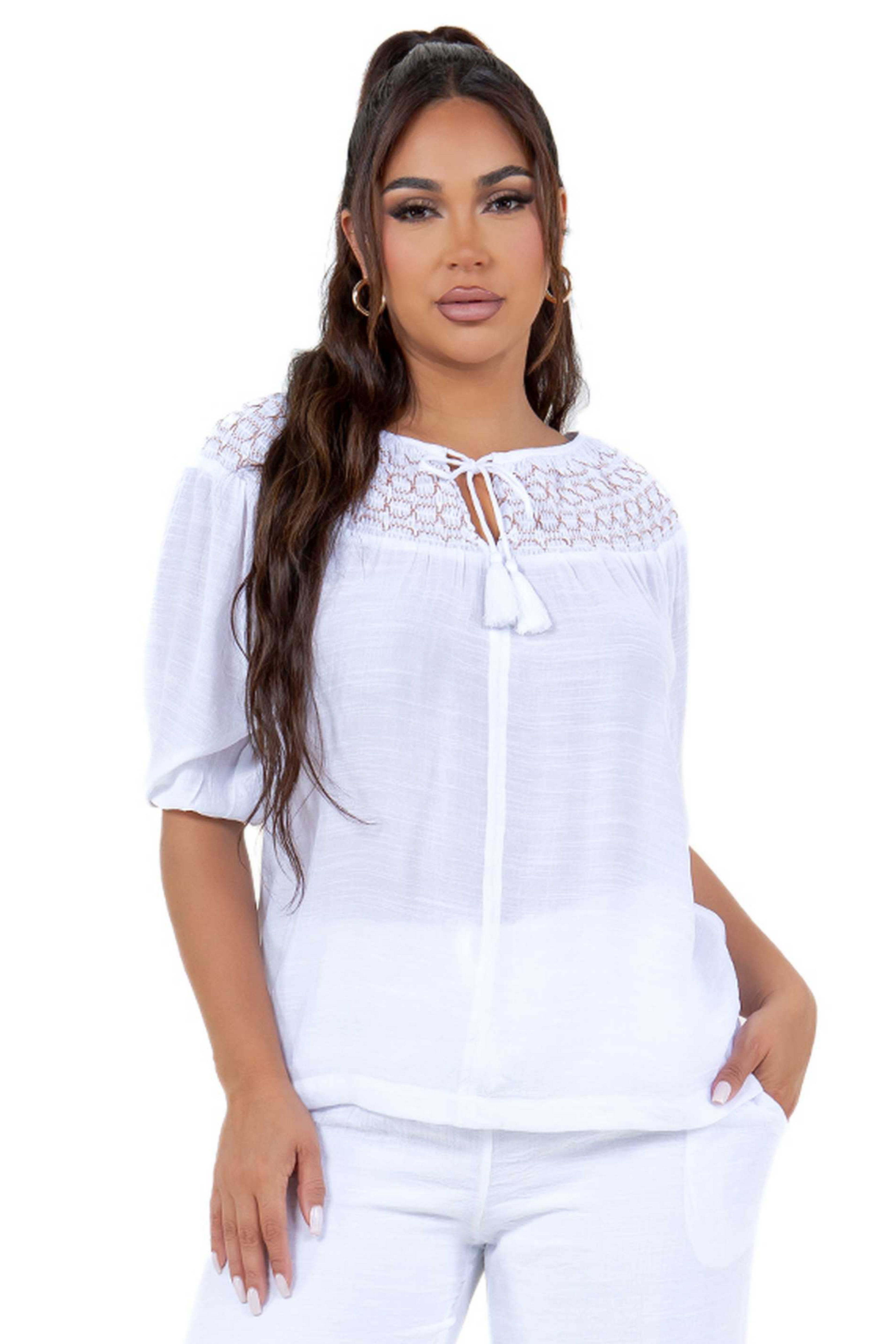 4 Sleeve Tunic Top with Tassel Drawstrings