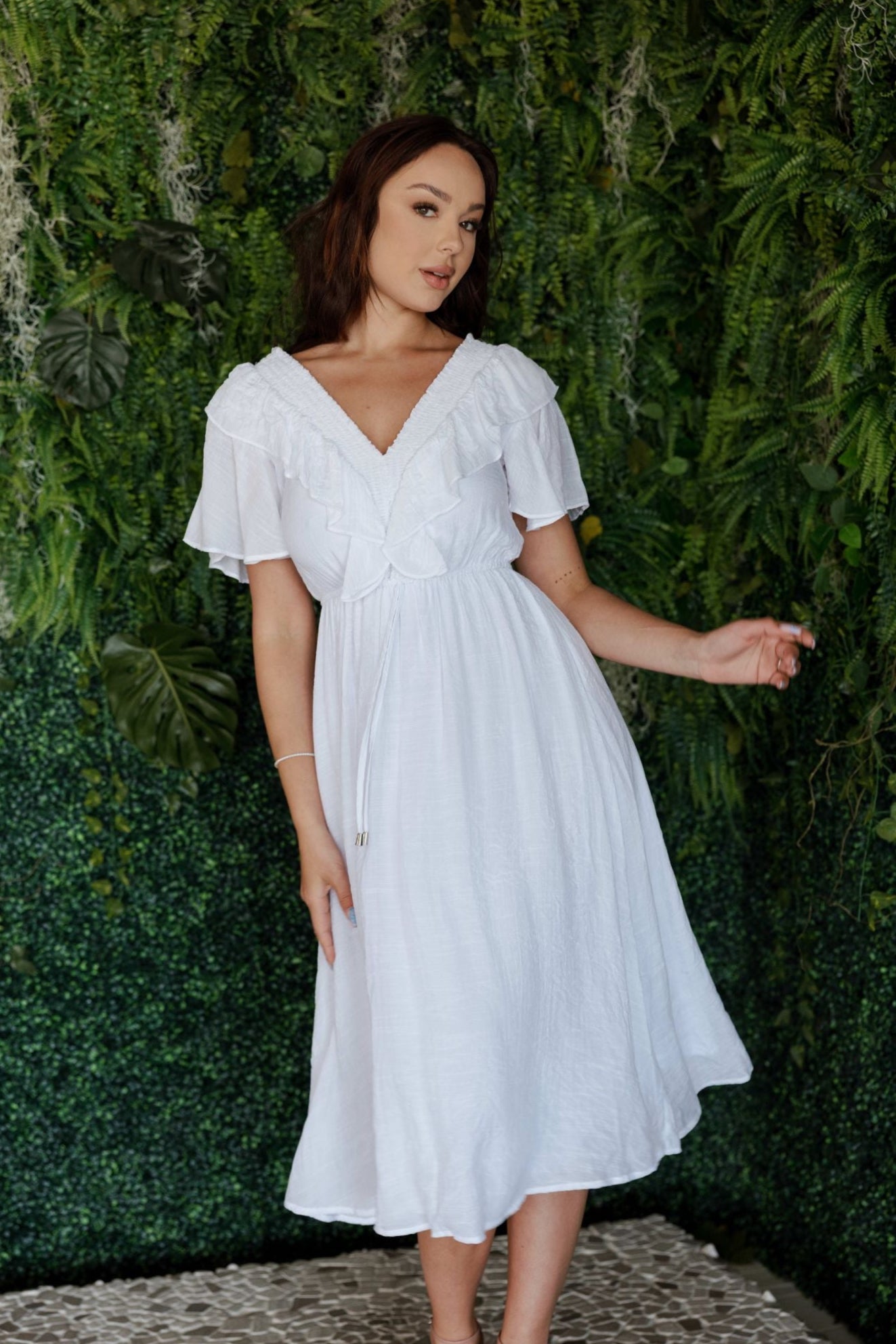 Mojito Women's Casual Resort Wear V Shaped Neckline Smocked Ruffled Empire Dress Mid Length with Drawstring Waist