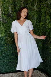 Mojito Women's Casual Resort Wear V Shaped Neckline Smocked Ruffled Empire Dress Mid Length with Drawstring Waist