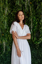 Mojito Women's Casual Resort Wear V Shaped Neckline Smocked Ruffled Empire Dress Mid Length with Drawstring Waist