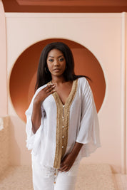 Mojito Women's Casual Resort Wear V Shaped Crochet Trimmed Neckline Dolman Sleeve Top