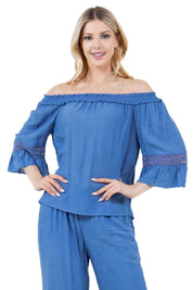 Túnica informal con hombros descubiertos, ribete de crochet y volantes de manga 3/4 para mujer