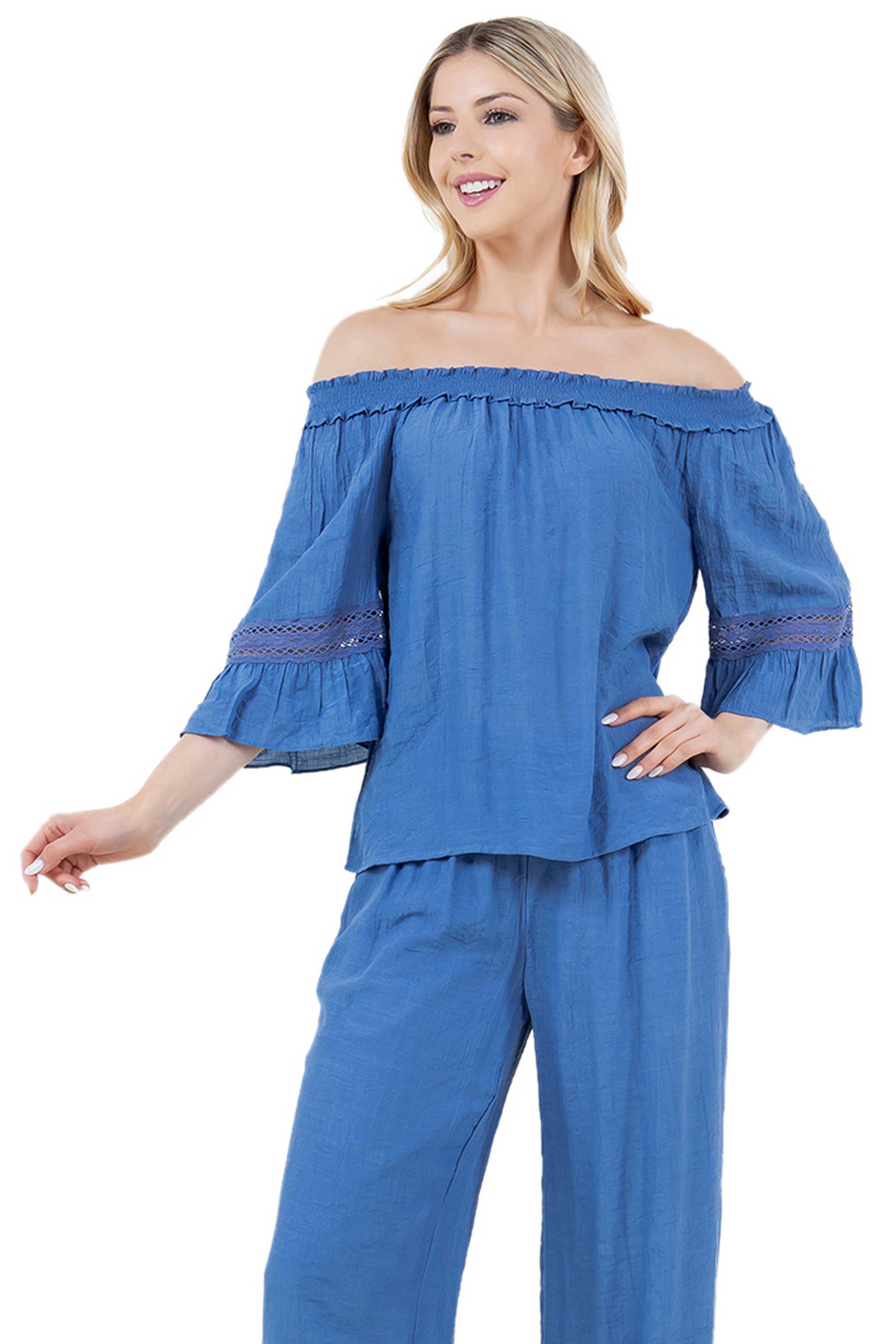 Túnica informal con hombros descubiertos, ribete de crochet y volantes de manga 3/4 para mujer