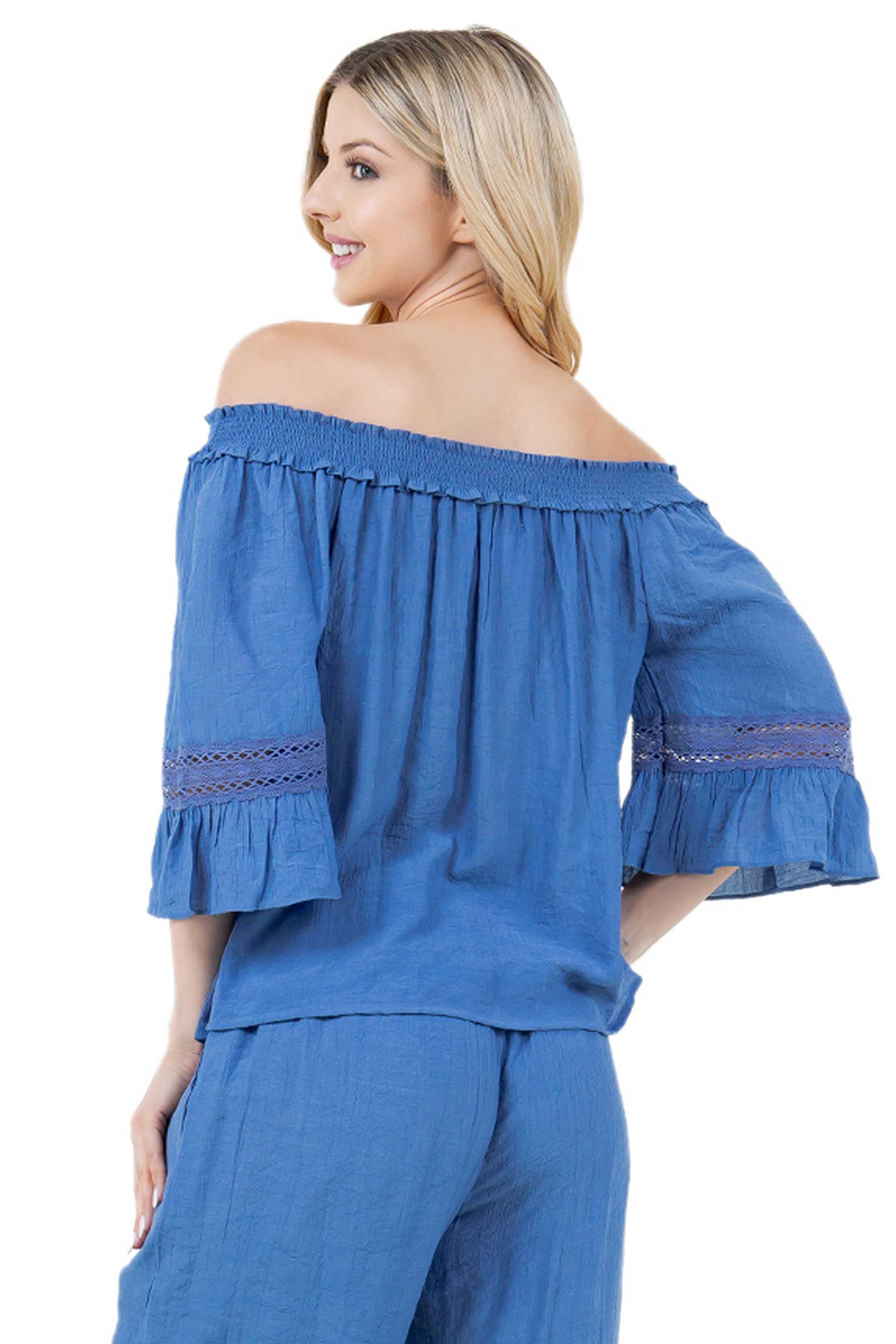 Women's Casual Off-Shoulder Crochet Trimmed Ruffled 3/4 Sleeve