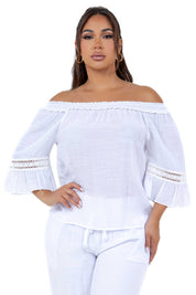 Túnica informal con hombros descubiertos, ribete de crochet y volantes de manga 3/4 para mujer