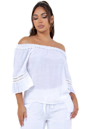 Túnica informal con hombros descubiertos, ribete de crochet y volantes de manga 3/4 para mujer