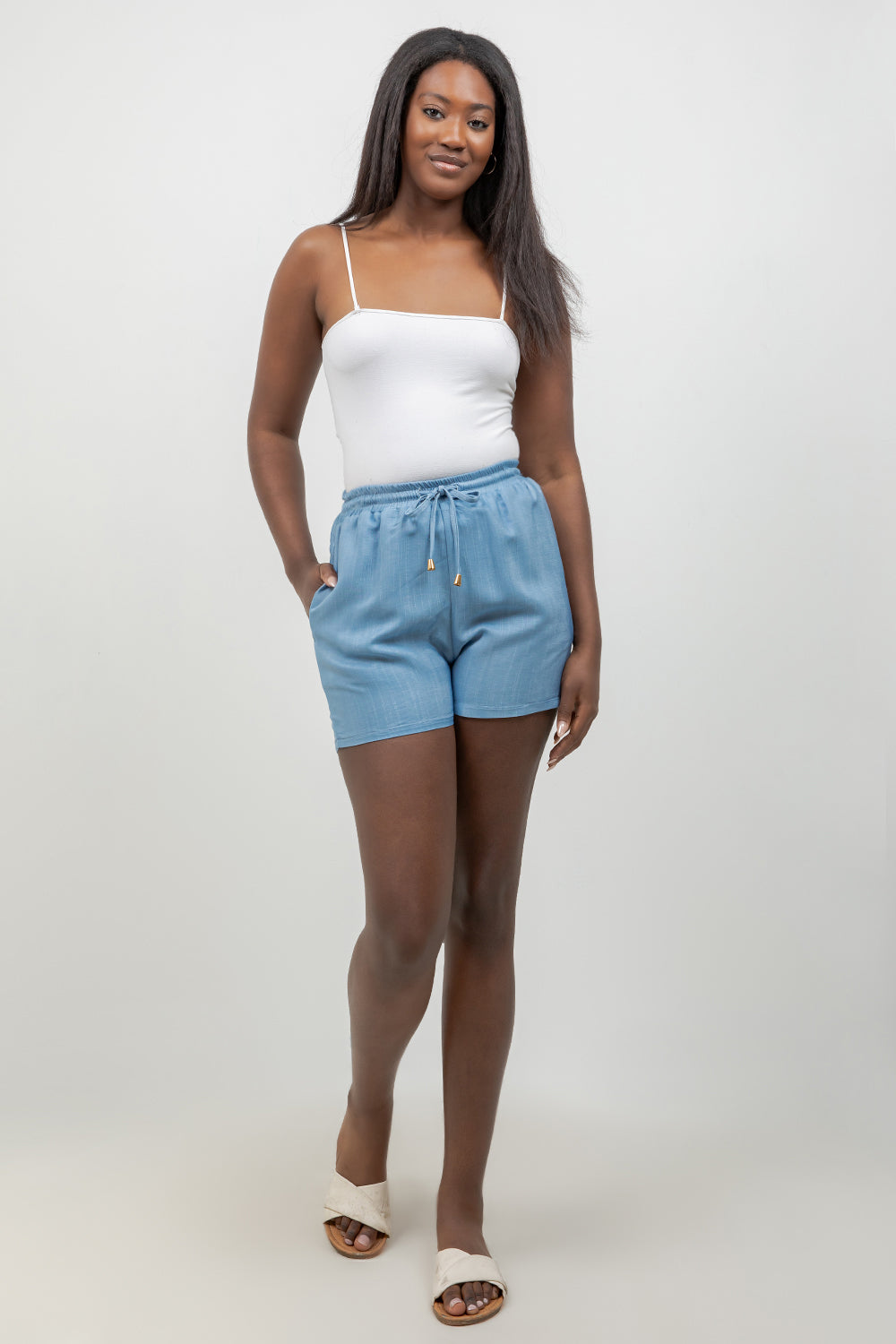 Pantalón corto informal de playa para mujer, de mezcla de lino, con cintura con cordón ajustable