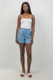 Pantalón corto informal de playa para mujer, de mezcla de lino, con cintura con cordón ajustable