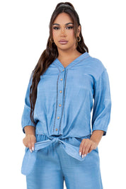 Blusa informal de mujer con botones, ribete de crochet, mangas 3/4 y dobladillo con lazo