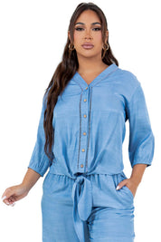 Blusa informal de mujer con botones, ribete de crochet, mangas 3/4 y dobladillo con lazo