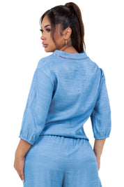 Blusa informal de mujer con botones, ribete de crochet, mangas 3/4 y dobladillo con lazo
