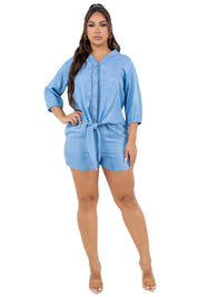 Blusa informal de mujer con botones, ribete de crochet, mangas 3/4 y dobladillo con lazo