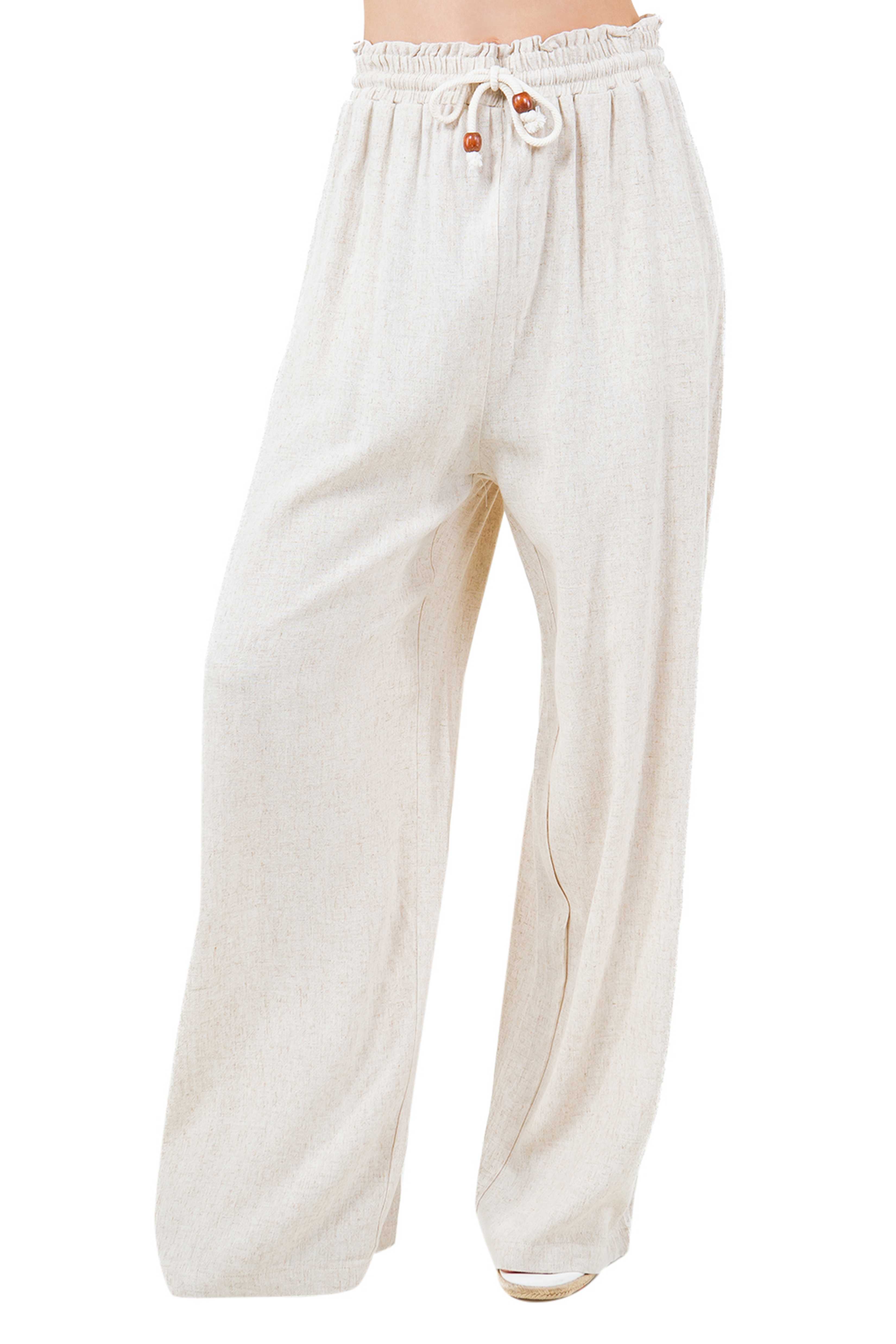 Pantalones Palazzo informales de playa para mujer, de mezcla de lino con cintura con cordón